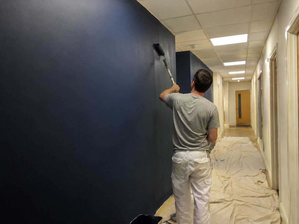 A decorator rolling a navy wall down a long corridor with dust sheets the full length of the floor