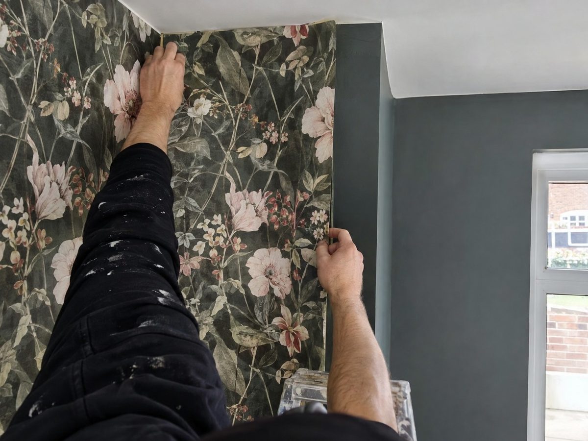 A length of dark floral wallpaper being brushed into place against the edge of the previous strip