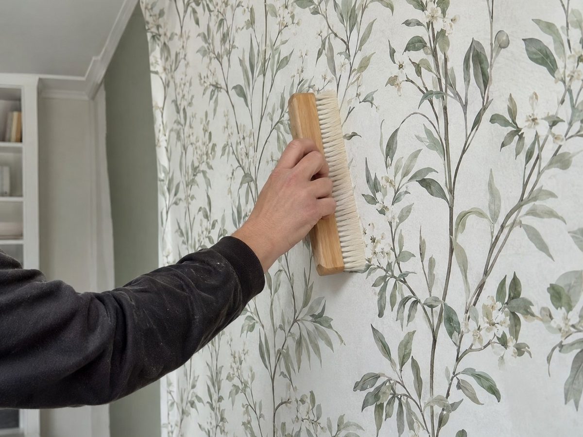 A seam roller being run down the join between two strips of leaf patterned wallpaper