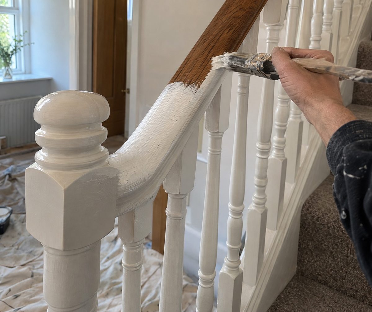 A newel post and handrail in a hallway, the post finished white and the rail part coated