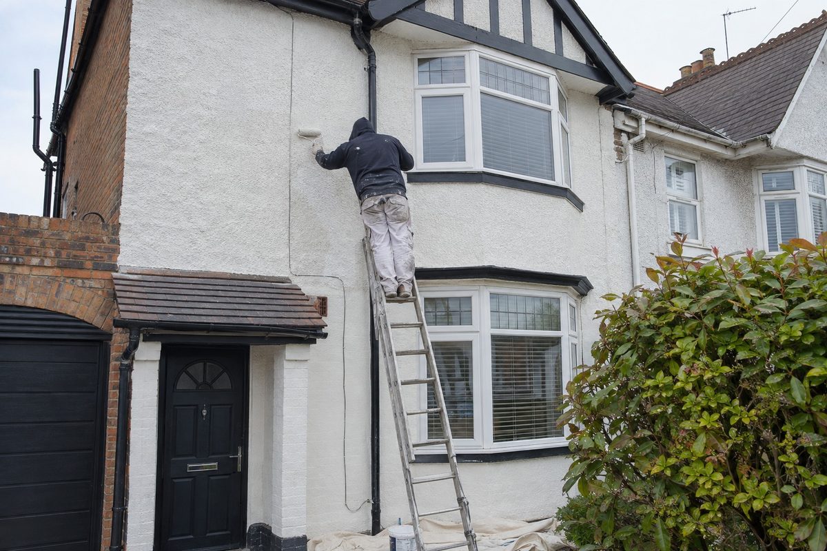 A ladder up the front elevation of a 1930s semi detached house with a bay window and a garage