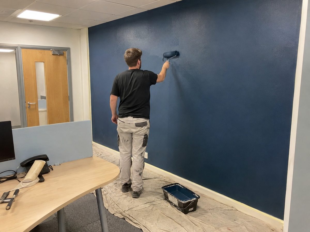 A navy feature wall being rolled in an office with the furniture pulled clear