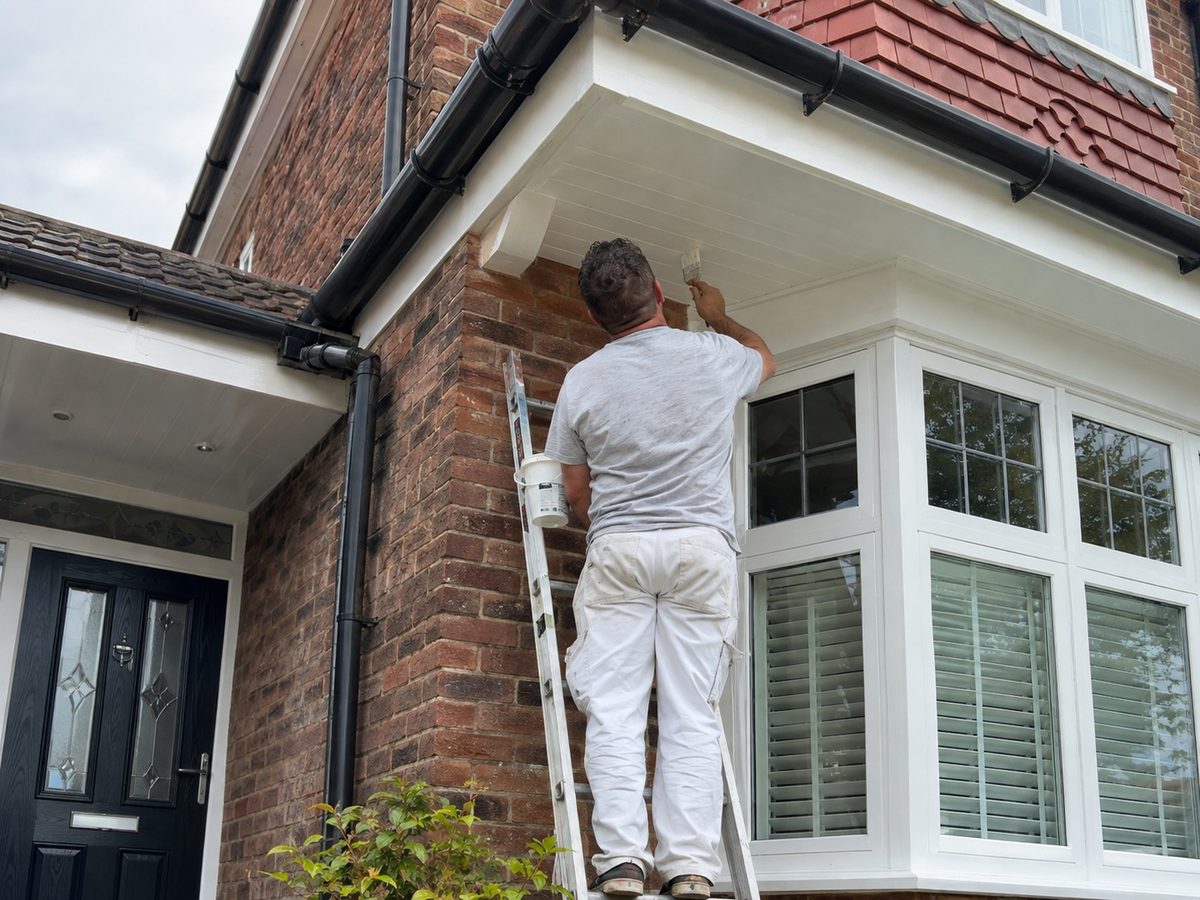 A decorator painting the white woodwork above a bay window on a red brick house