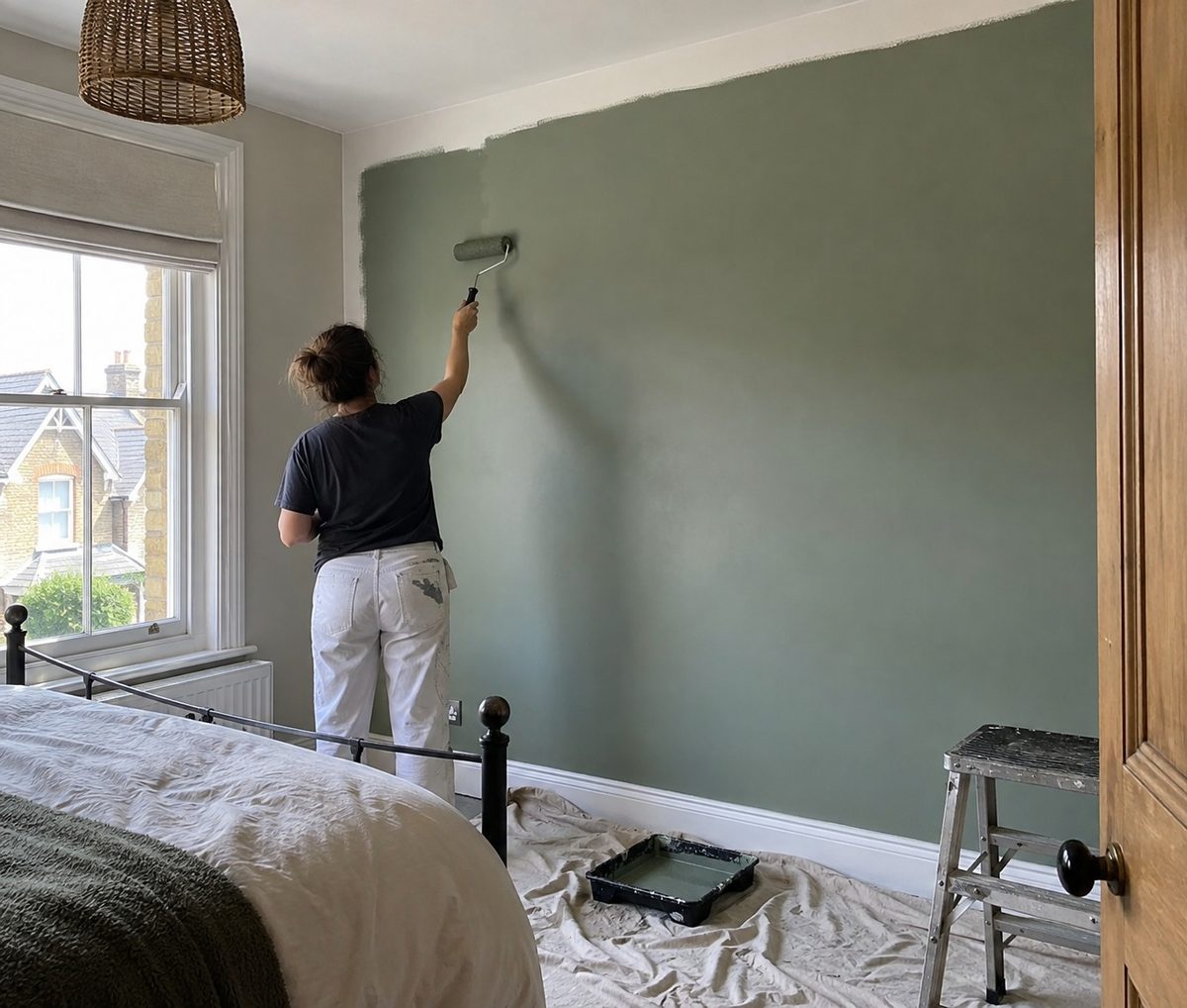 A bedroom wall being rolled in a soft green, the bed sheeted over