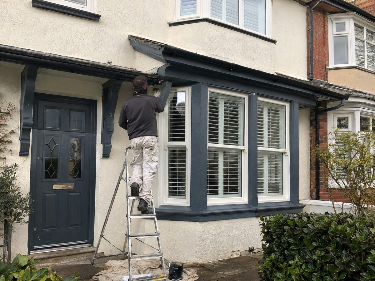 A rendered house with a grey composite door and dark window frames, a ladder against the porch