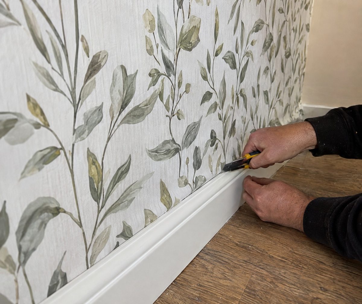 Botanical wallpaper being trimmed along the top of a skirting board with a filling knife and blade