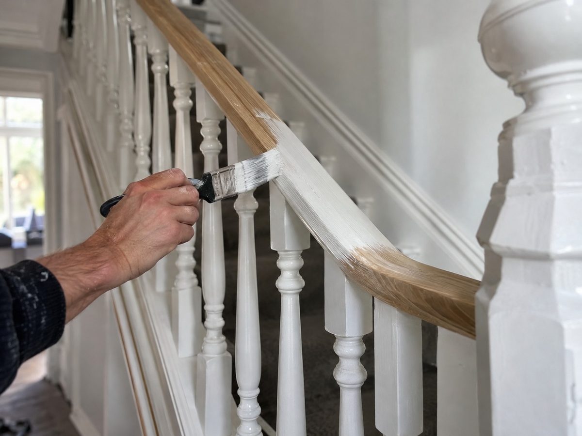 A brush working white paint along the string of a staircase between the spindles