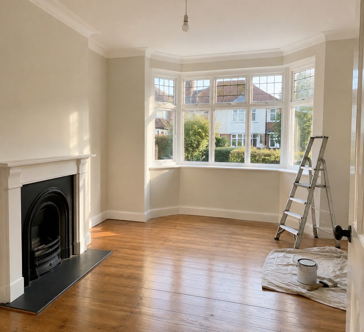 An empty room with a bay window and a cast iron fireplace, walls in cream and the floorboards bare