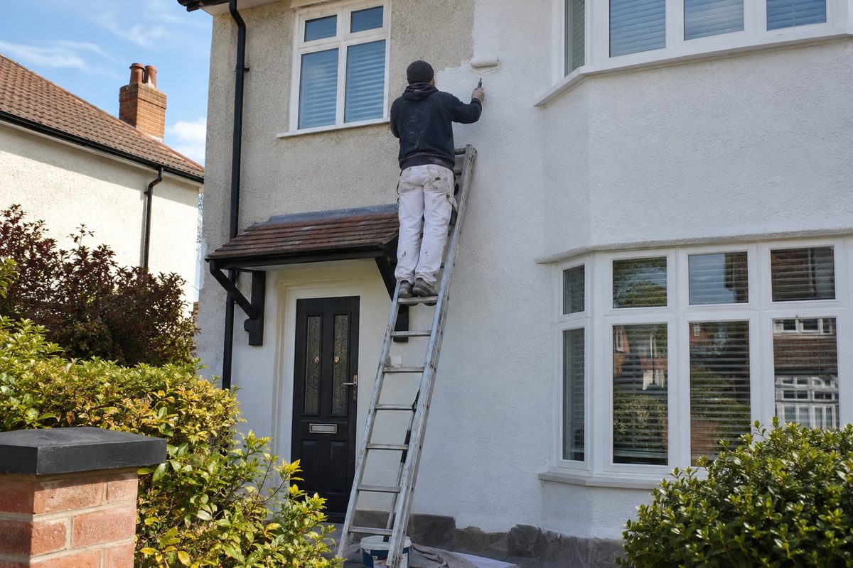 A decorator up a ladder at the gable of a white painted semi detached house