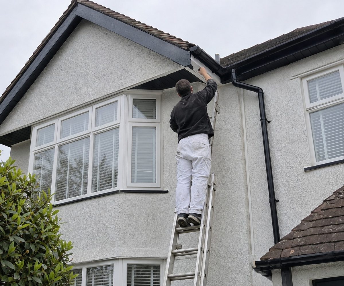 A mock Tudor gable being painted from a ladder above a bay window