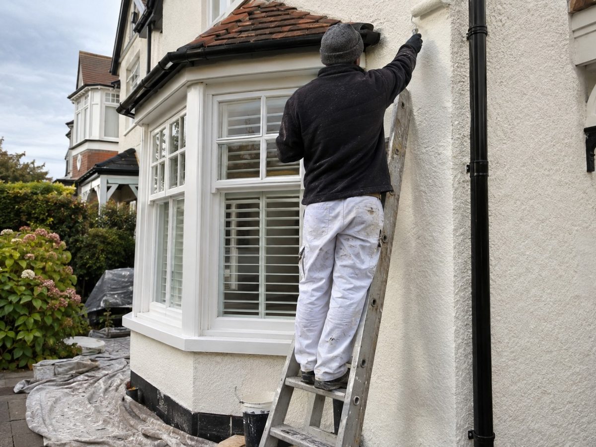 A decorator cutting in by hand around a rendered bay window before the open wall is rolled