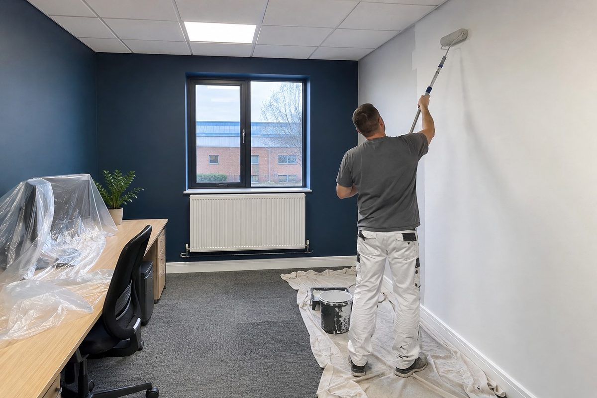 A decorator rolling a white wall in an open plan office with the desks sheeted over