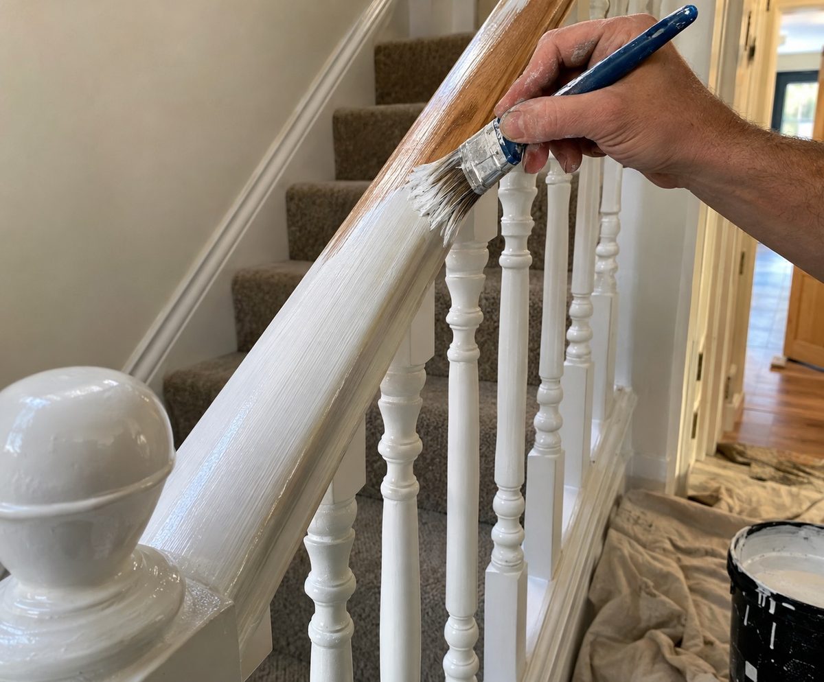 A brush taking white paint along a staircase handrail, the spindles below already coated