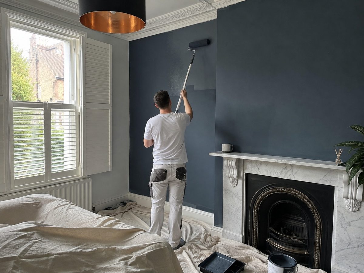 A decorator rolling a deep navy colour onto a chimney breast wall beside a cast iron fireplace