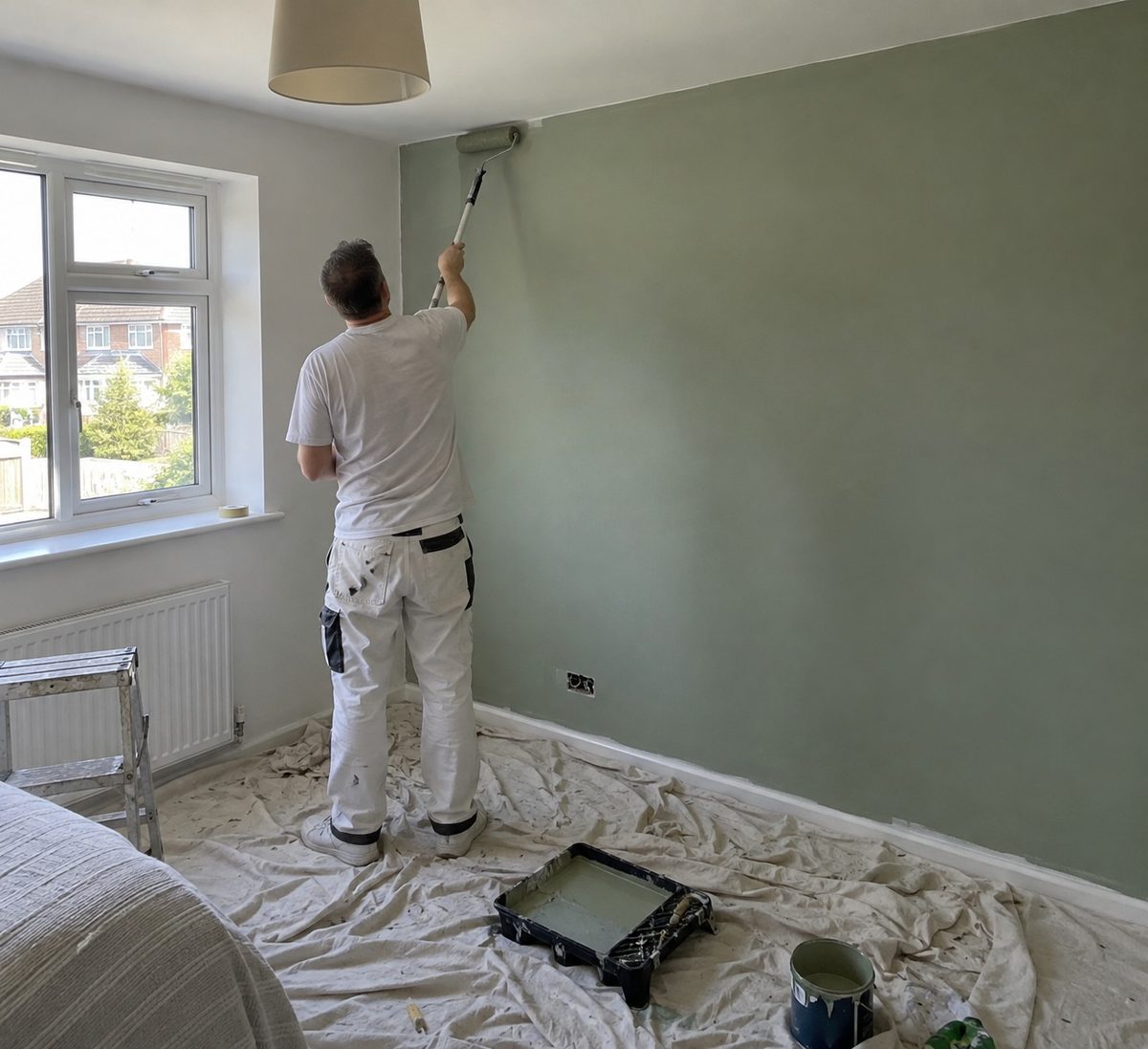 A decorator rolling a soft green colour onto a wall beside a bay window