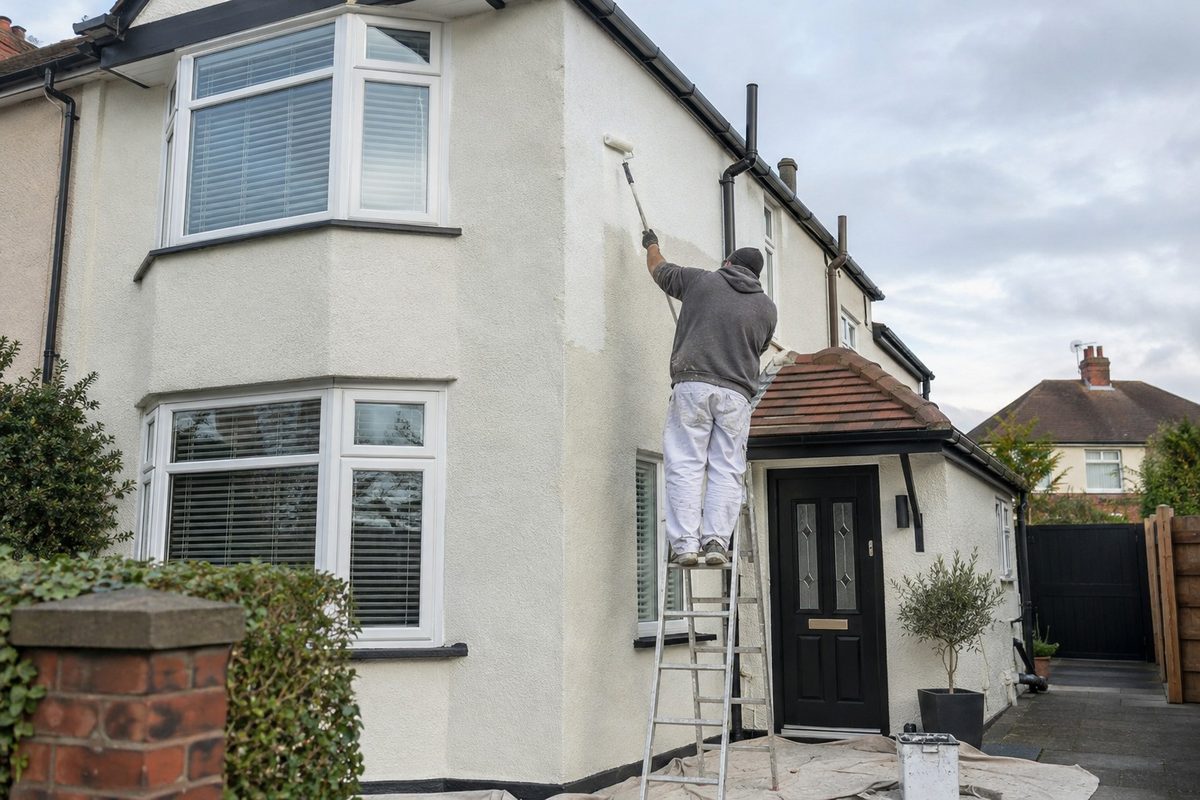 A decorator on a ladder painting the white rendered upper storey of a semi detached house