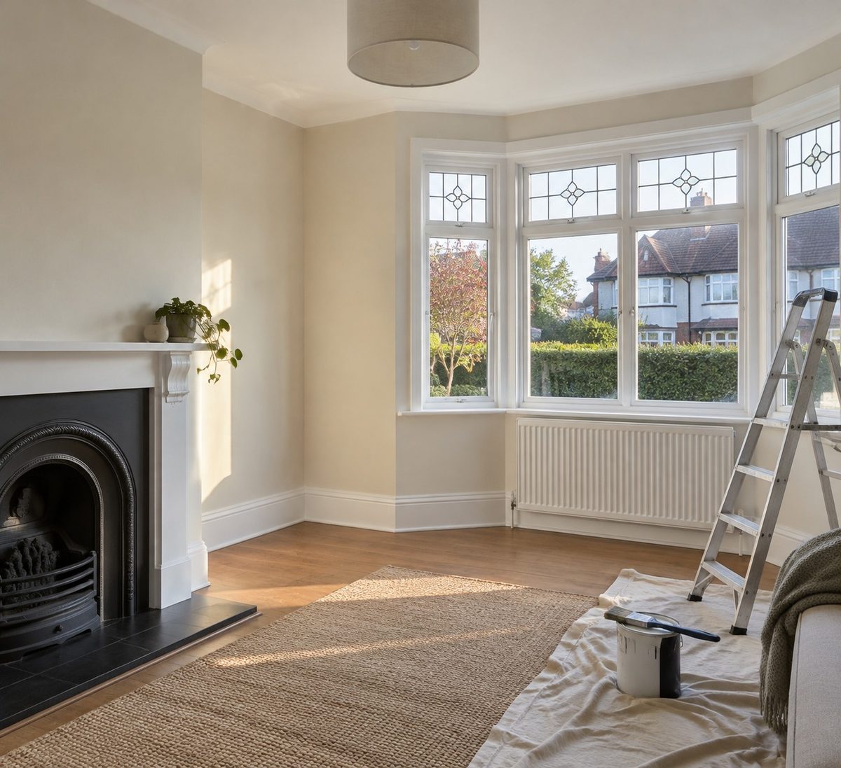 A bay windowed living room painted in cream, dust sheets still down and a stepladder by the window