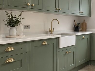 A sage green shaker kitchen with brass handles and a white worktop, doors rehung