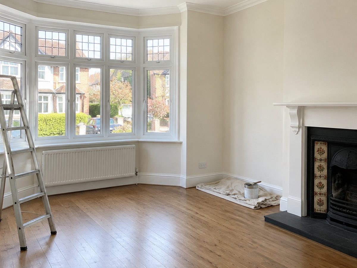 An empty bay windowed room in pale cream with the floorboards swept and the stepladder folded