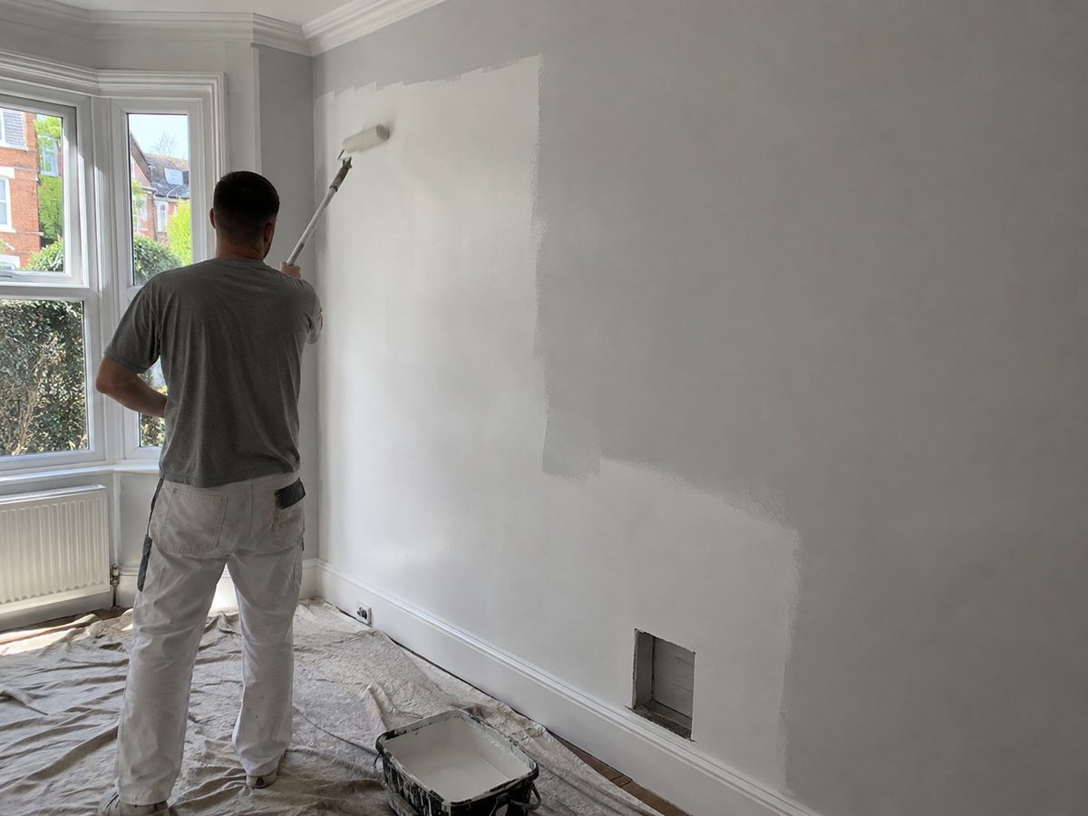 A decorator rolling white paint onto a bare plastered wall in a room cleared and sheeted out